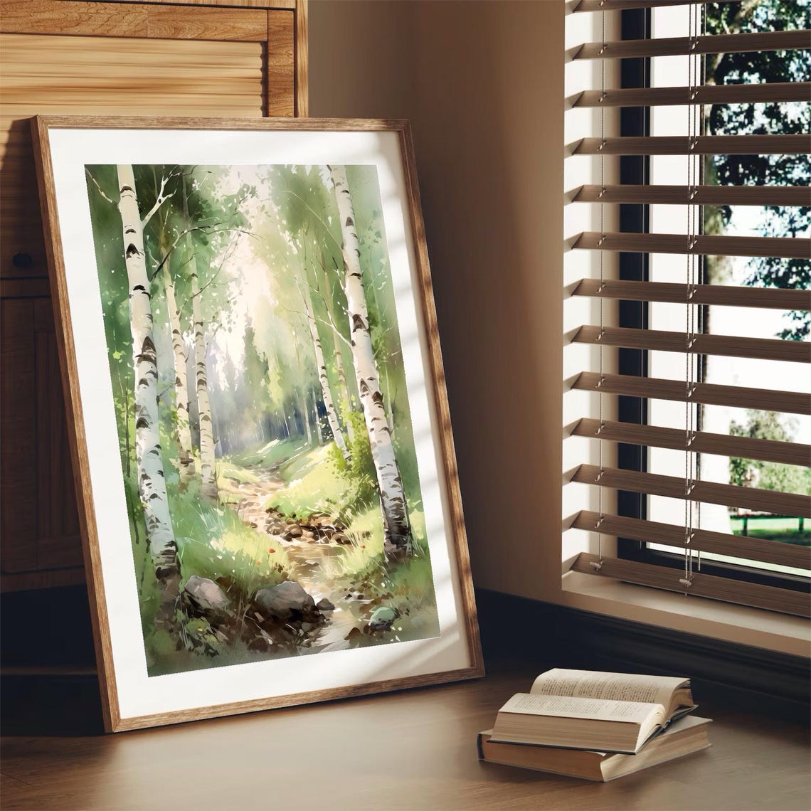 Birch Trees By Gentle Stream Misty Sunlight Watercolor Poster - Image 3