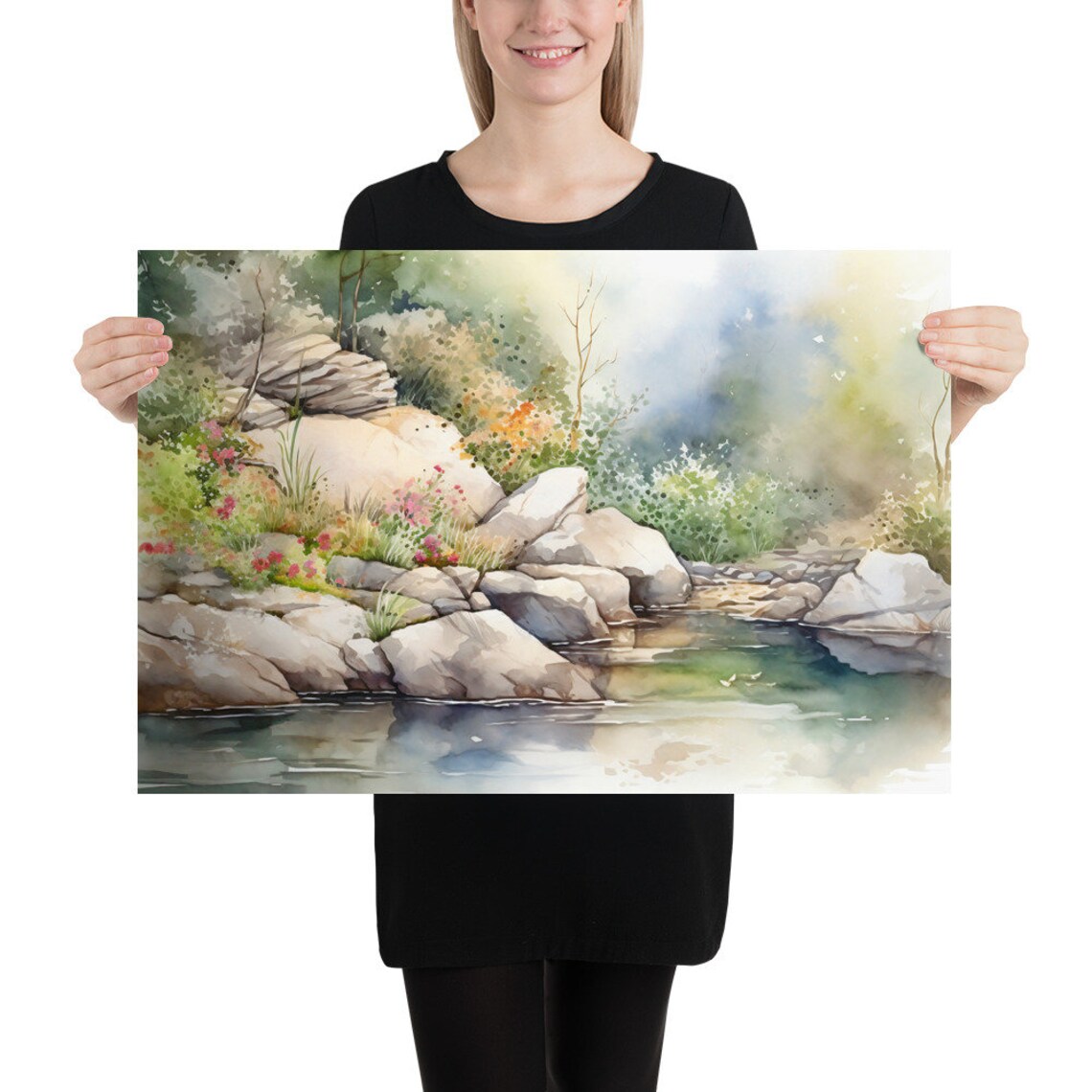 Rocky Forest Pond with Pink Wildflowers Watercolor Painting Poster - Image 5