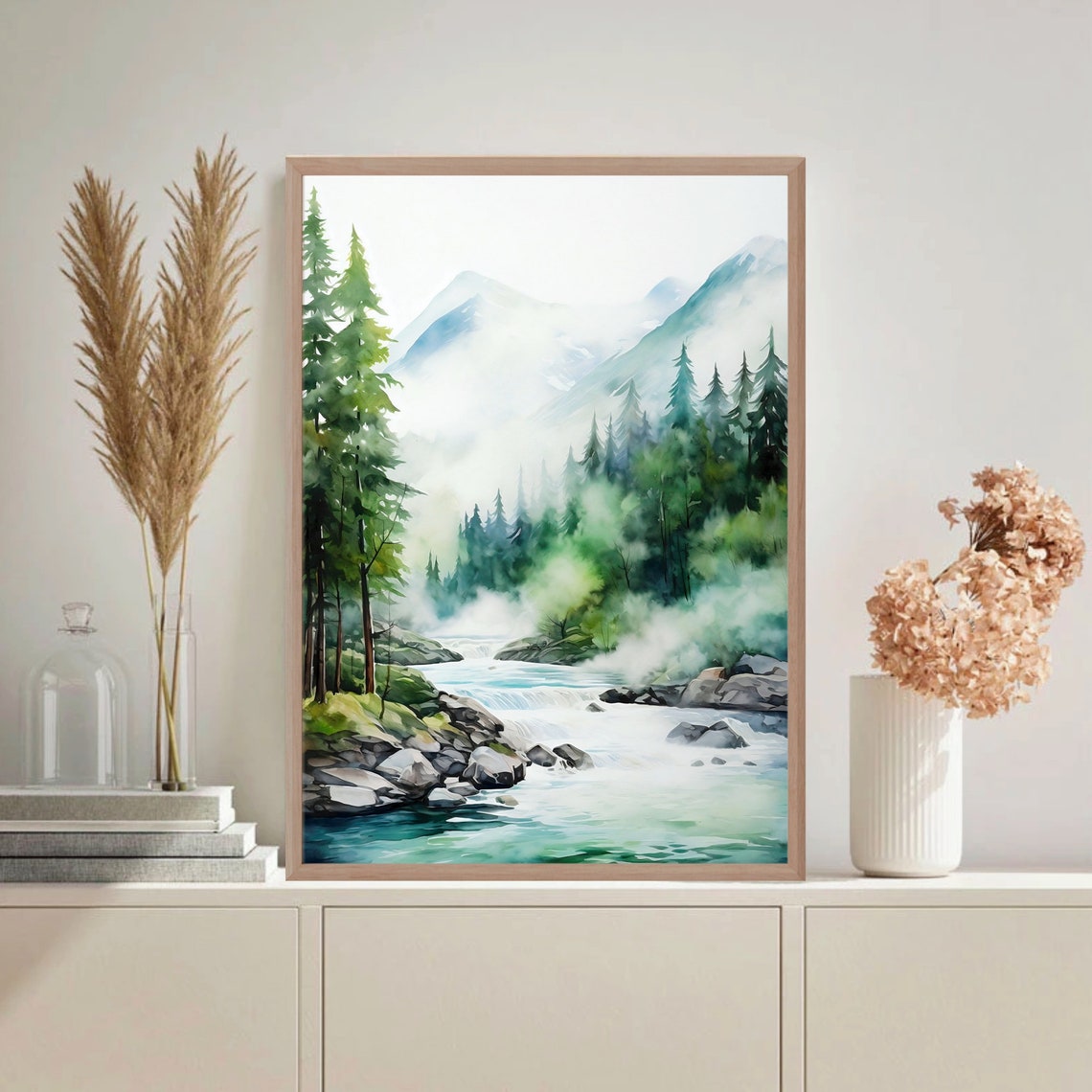 Misty Pine Forest River Watercolor with Mountain Peaks Print - Image 2