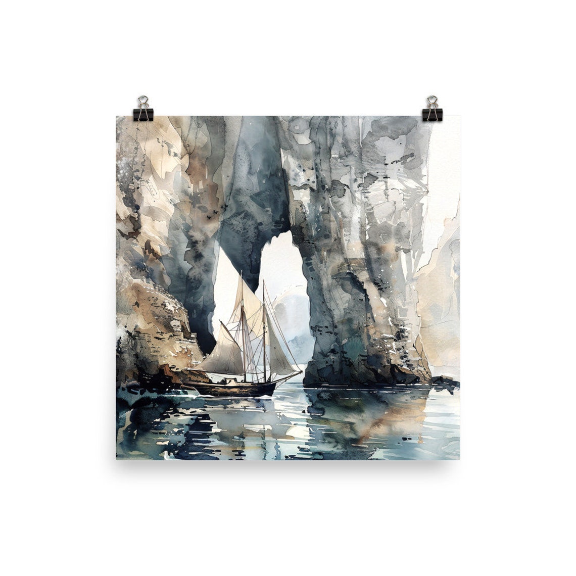 Sailboat Passing Through Towering Sea Arch Watercolor Seascape Poster - Image 5