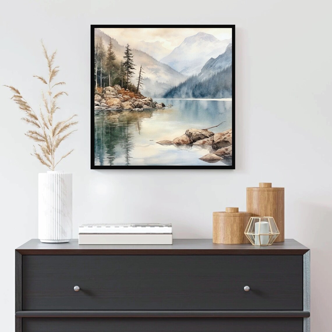 Neutral Mountain Lake with Rocky Shoreline Watercolor Landscape Poster - Image 2