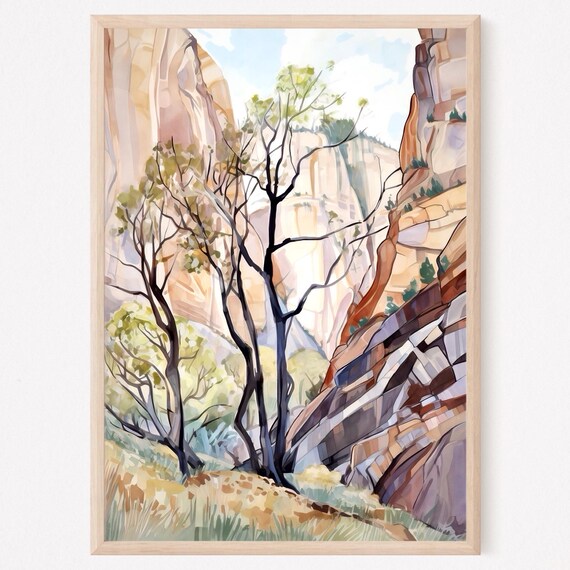 Zion Canyon Trees Red Rock Cliffs Watercolor Nature Art Poster
