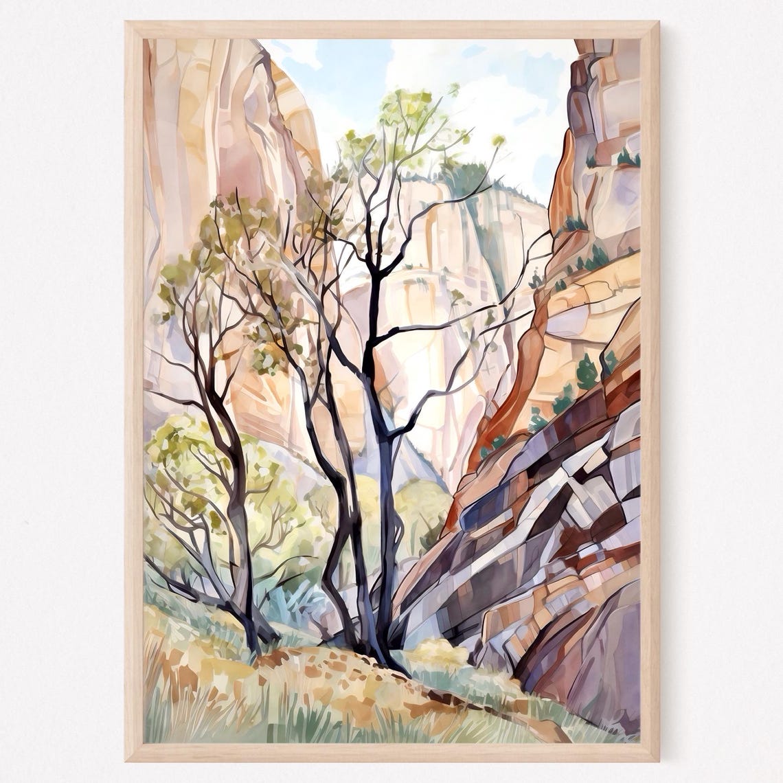 Zion Canyon Trees Red Rock Cliffs Watercolor Nature Art Poster
