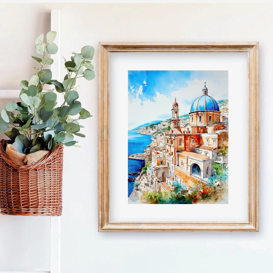 Positano Amalfi Coast Blue Dome Church Italy Town Watercolor Poster - Image 2