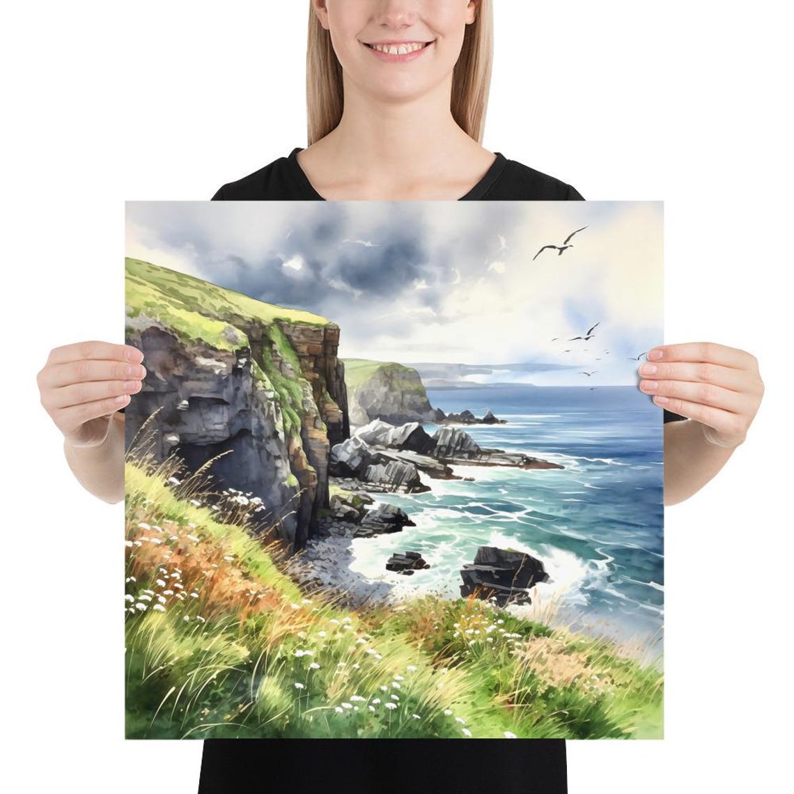 Irish Cliffside Ocean Waves Seabirds Watercolor Nature Art Poster - Image 5
