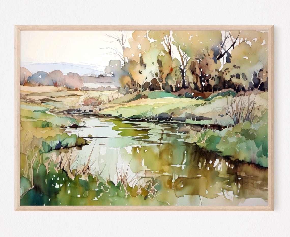 Rural River Winding Through Green Banks Watercolor Landscape Poster
