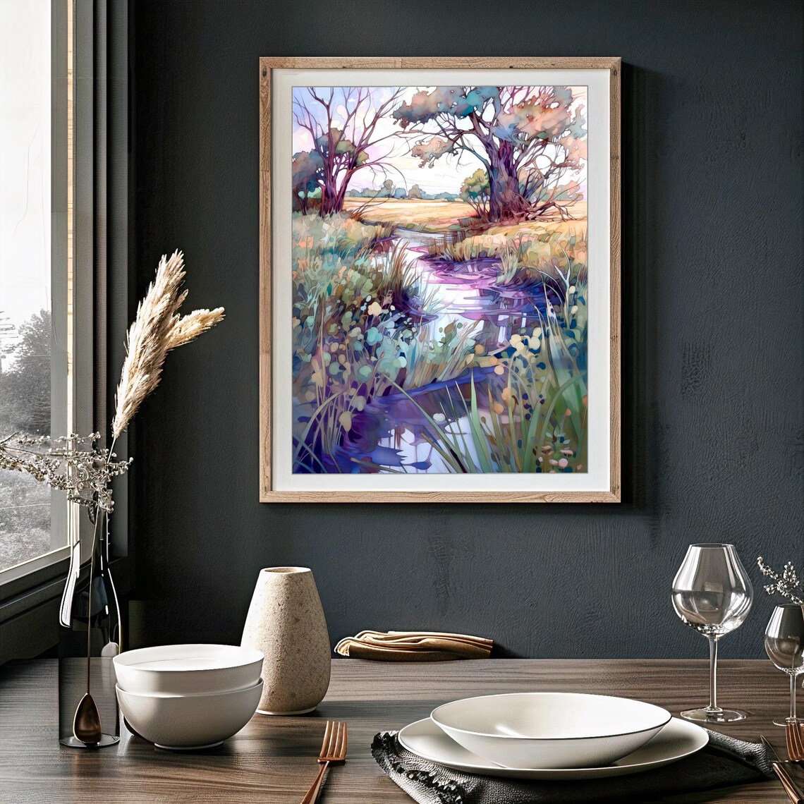 Purple Wetland Stream with Tall Reeds Watercolor Landscape Poster - Image 4
