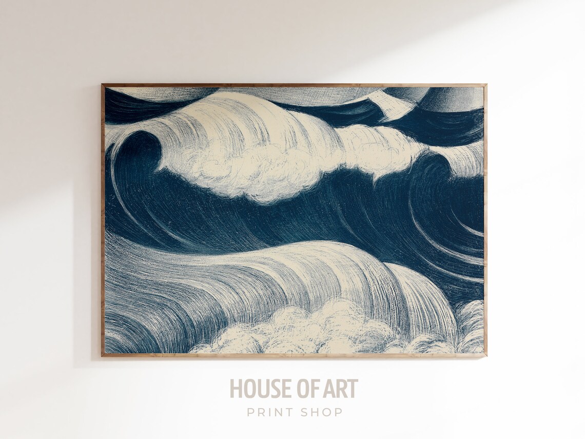 Vintage Crashing Wave Art Print, Coastal Seascape