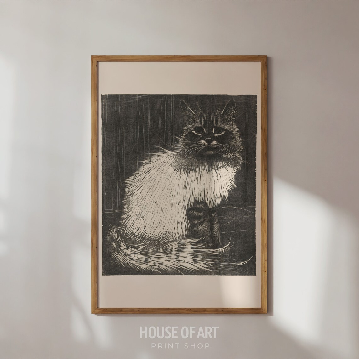 Long-Haired Angora Cat Vintage Black And White Woodcut Art Print