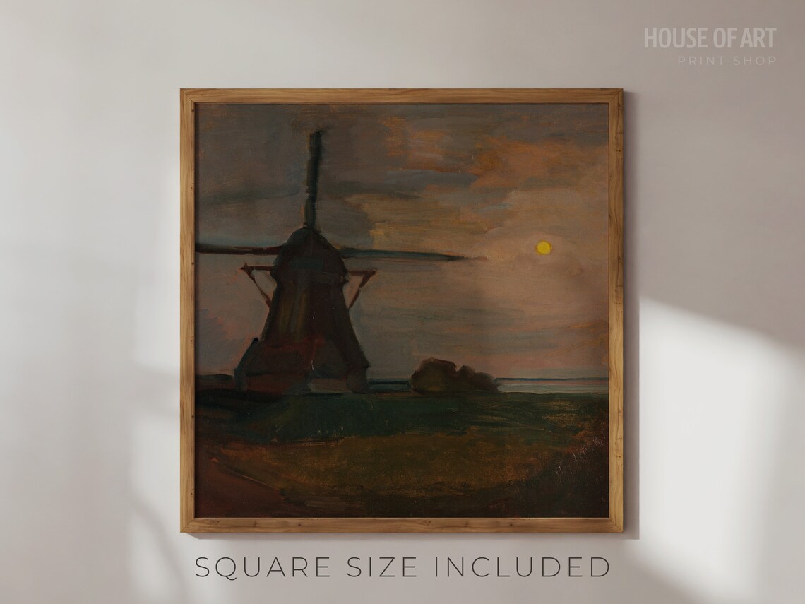 Windmill By Moonlight Dutch Night Landscape Earth Tone Oil Poster - Image 2
