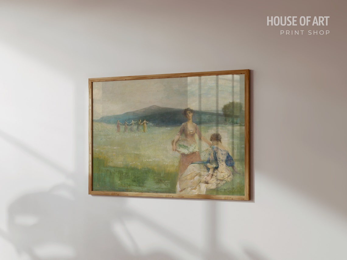 Elegant Women Dancing In Summer Meadow Romantic Vintage Oil Art Print - Image 3