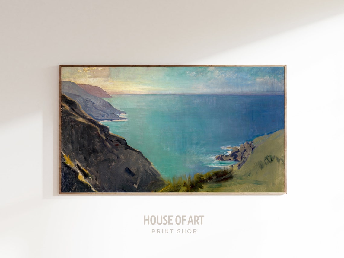 Serene Turquoise Coastline Cliffs Golden Sky Vintage Seascape Poster - Image 3