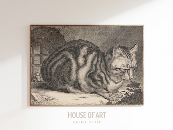 Sleeping Tabby Cat And Mouse Vintage Black White Etching Poster