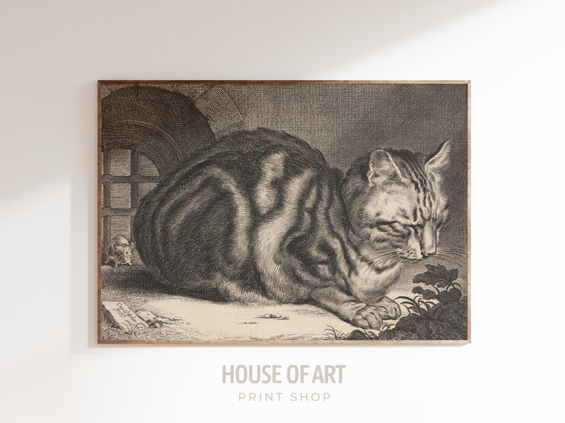 Sleeping Tabby Cat And Mouse Vintage Black White Etching Poster
