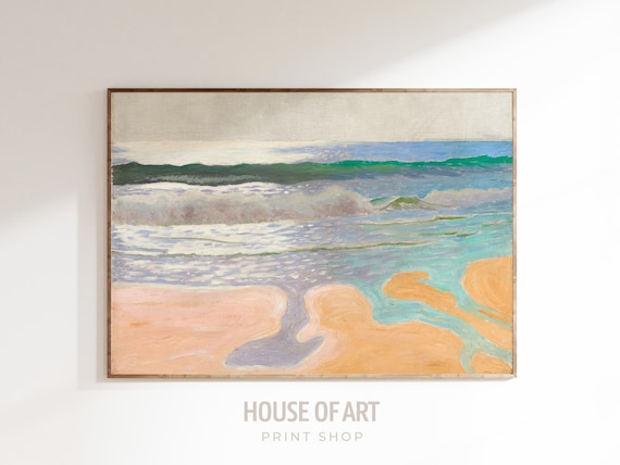 Rolling Ocean Waves Sandy Beach Peach Sand Vintage Seascape Oil Painting Poster