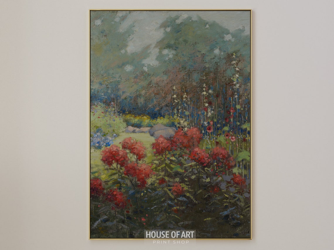 Red Blossoms Flower Garden Impressionist September Painting Poster - Image 2