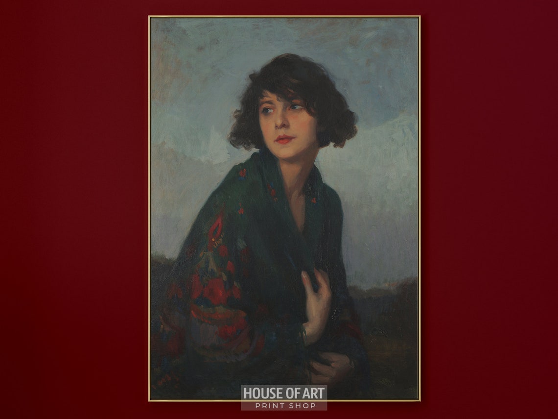 Vintage Portrait Art Classical Beauty Art Young Woman Oil Painting Light Skin Dark Hair Moody Art Boutique Wall Art - Image 2