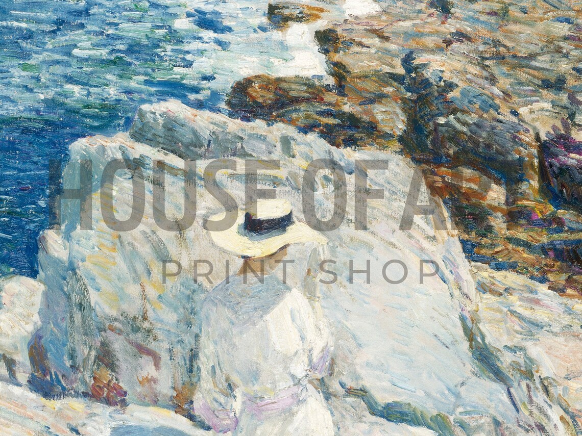 Woman in White on Rocky Coastline Impressionist Ocean Waves Vintage Art Print - Image 2