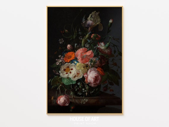Glass Vase With Flowers Artwork Lavish Floral Still Life Insects Instant Print Color Explosion Oil Painting