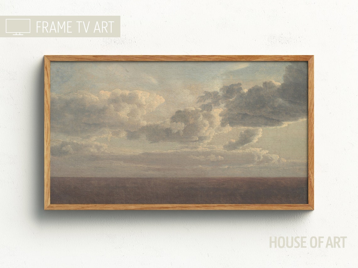 Vintage Clouds Painting Neutral Grey Sky Over Moor Romantic Art Print