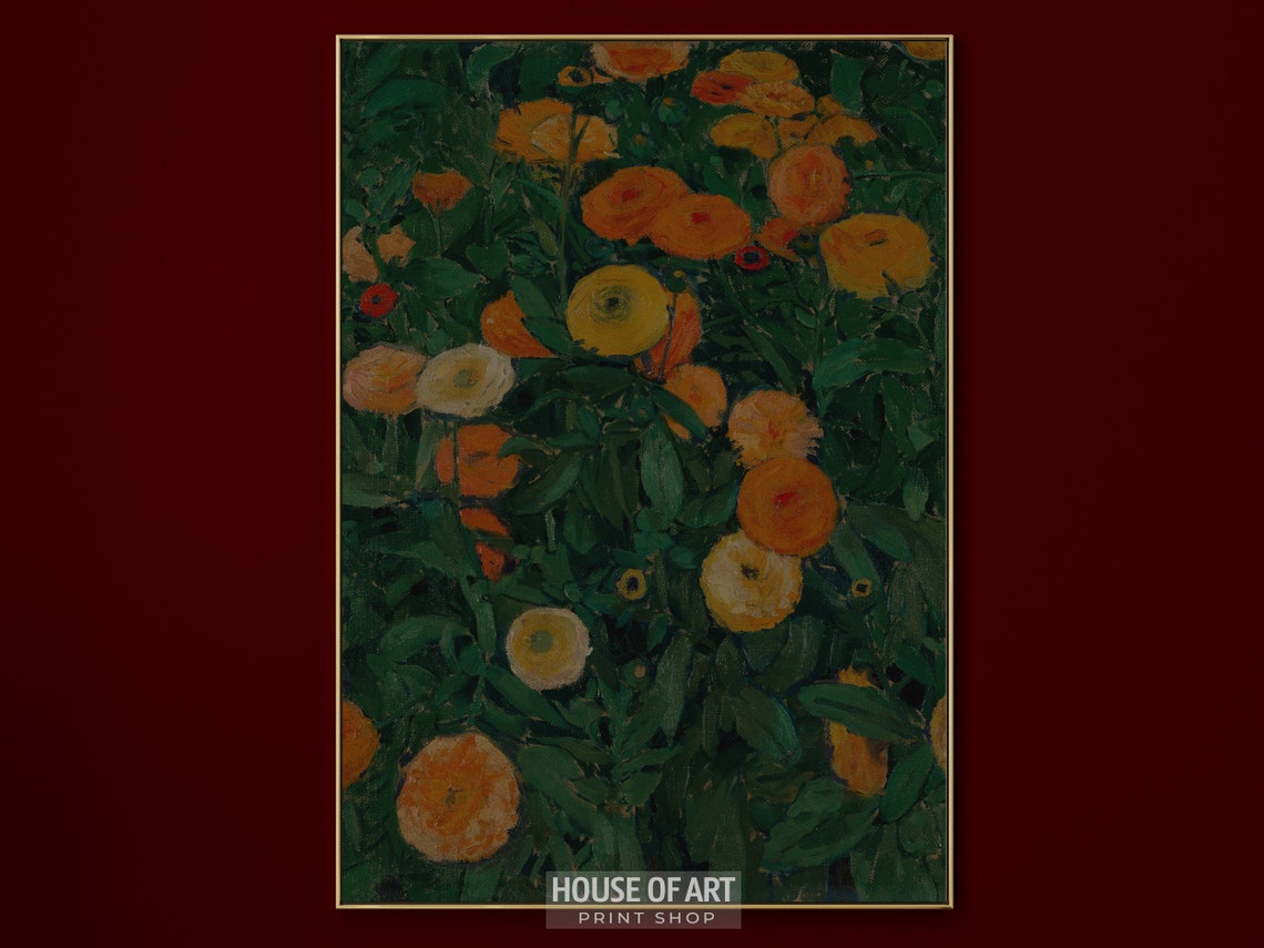 Marigold Garden Orange Yellow Blooms Dark Green Foliage Oil Art Poster - Image 3