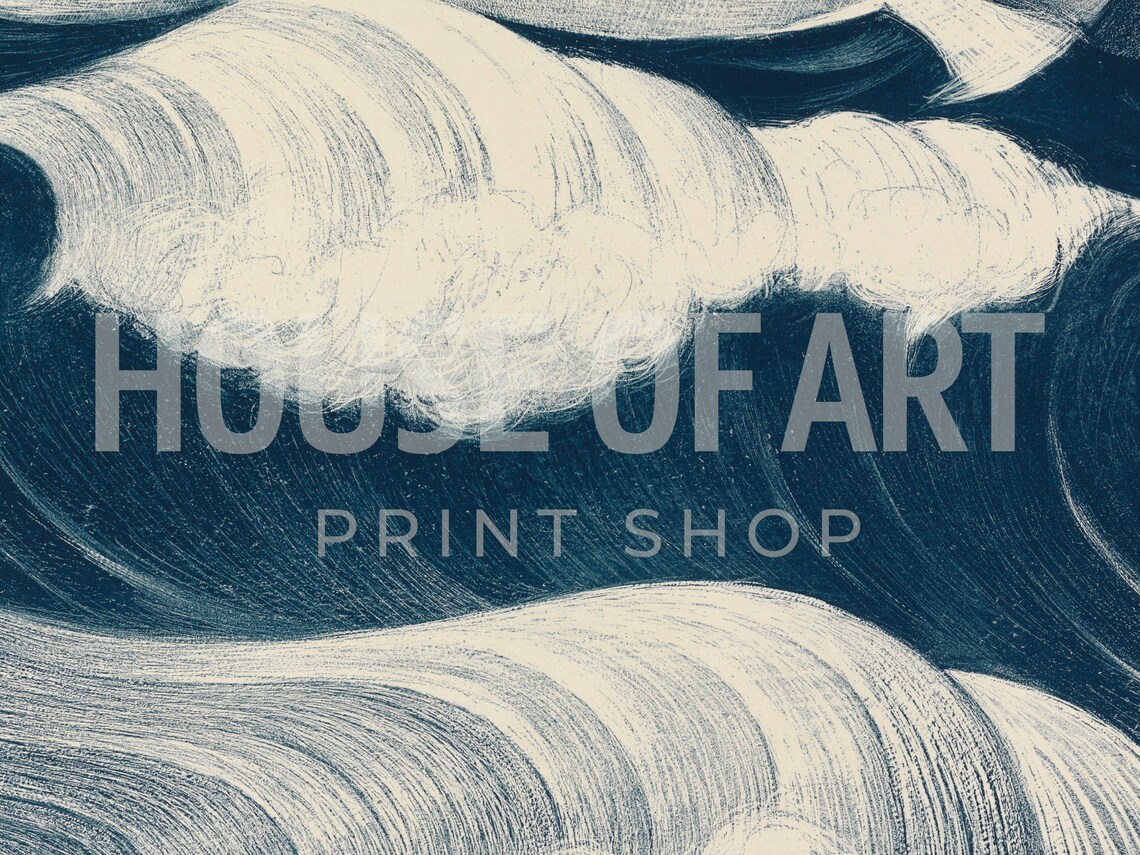 Japanese Ocean Wave Deep Blue White Vintage Woodcut Nature Poster - Image 3