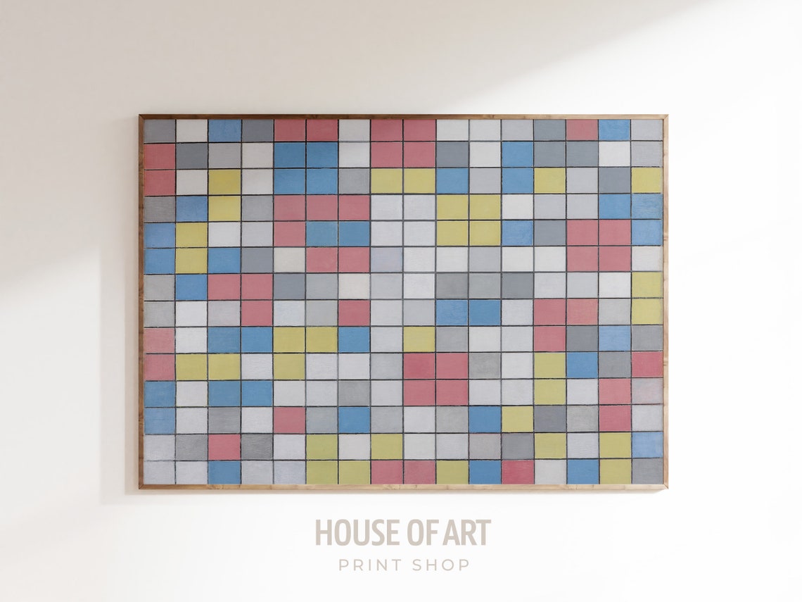 Abstract Composition With Grid Artwork Checkerboard With Colors Instant Print Sky In Daylight Oil Painting - Image 3
