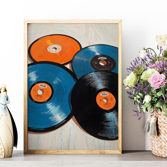 Orange Blue Vinyl Records Pop Art Painting Retro Music Lover Wall Art