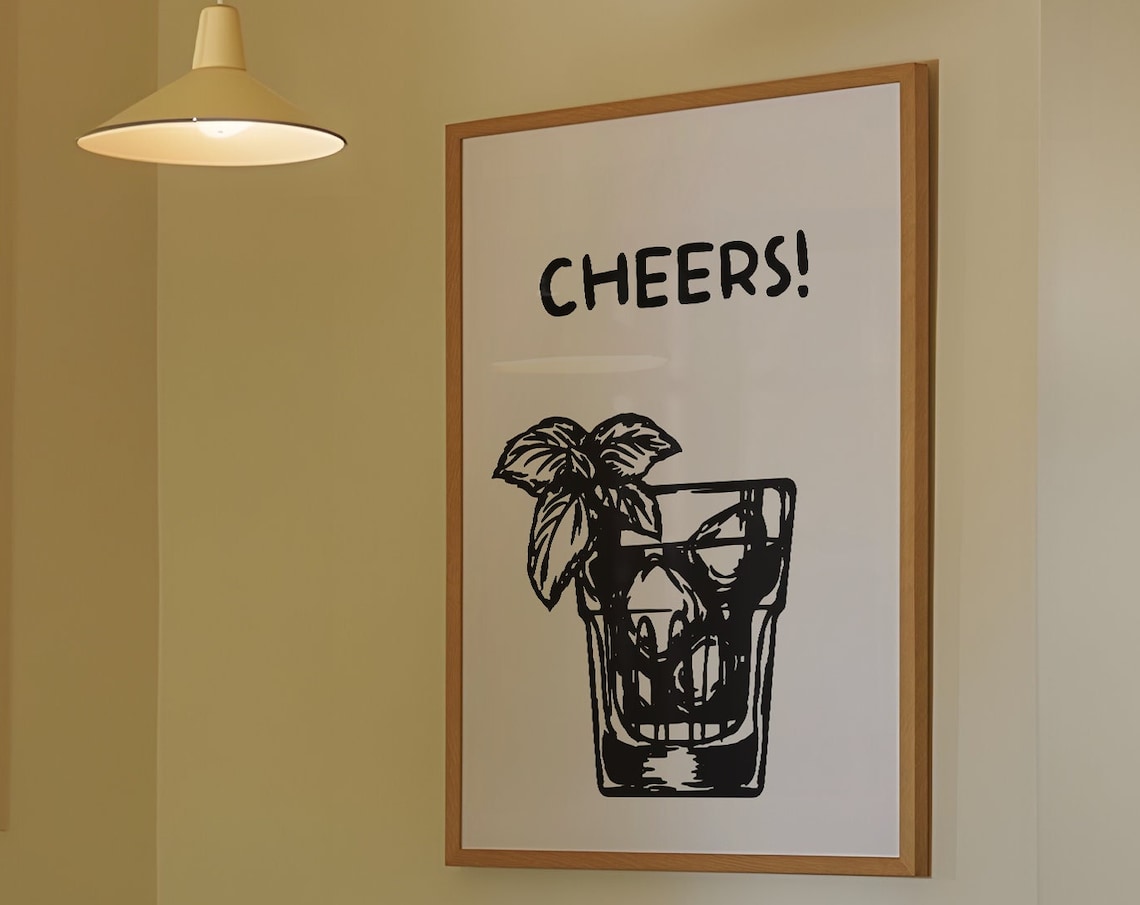 Cheers Cocktail Glass Sketch Black White Bar Cart Kitchen Wall Art