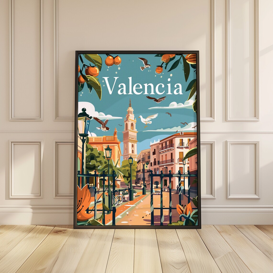 Valencia Spain Plaza Tower Orange Trees Vintage Travel Poster