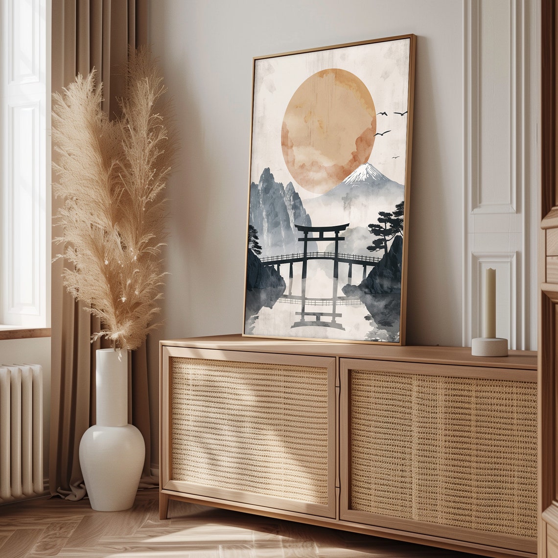 Japanese Torii Gate Mount Fuji Rising Sun Ink Wash Art Poster - Image 4