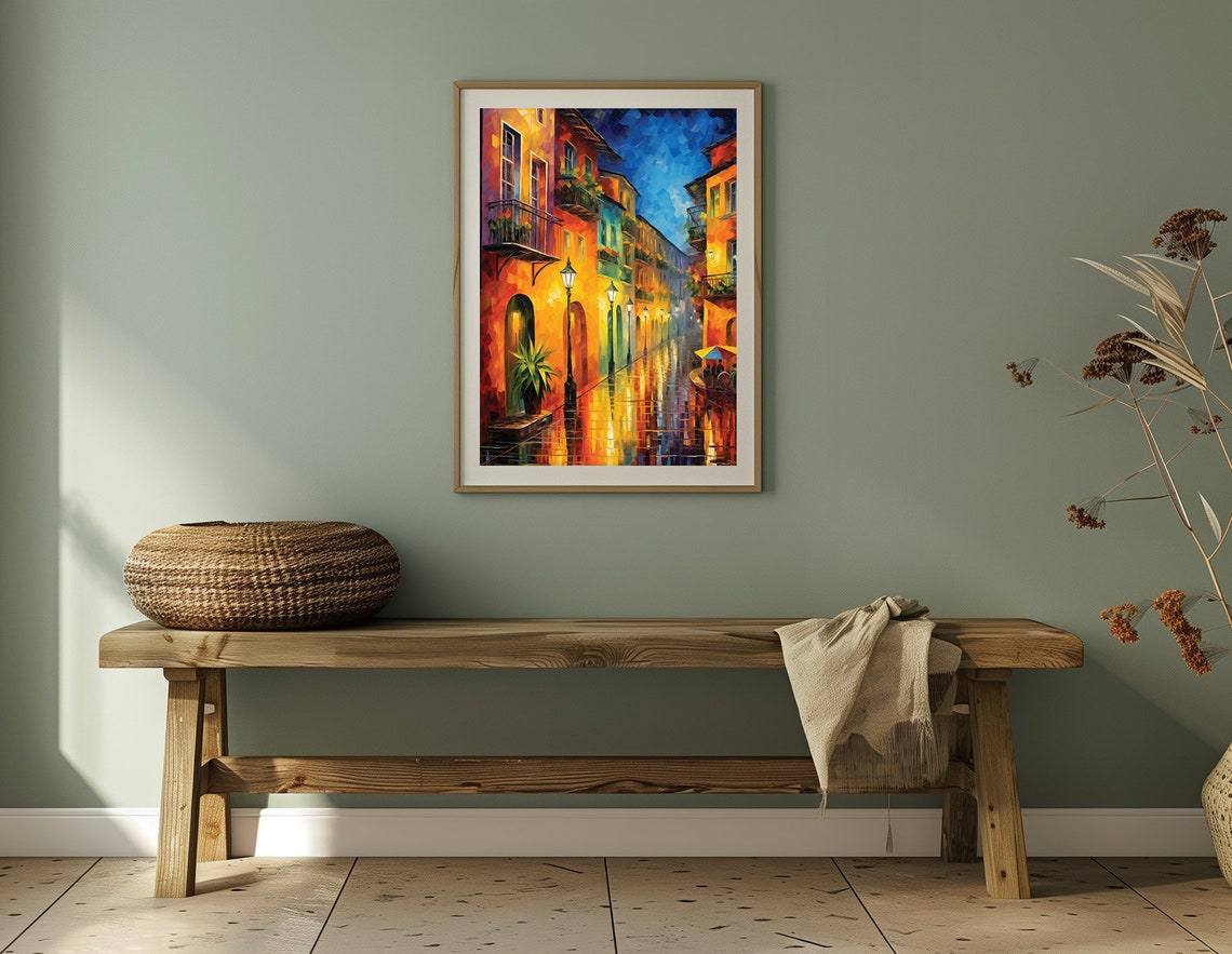 Colorful Mediterranean Village Street By Night Wall Art European Village Oil Painting Colorful Decor - Image 3