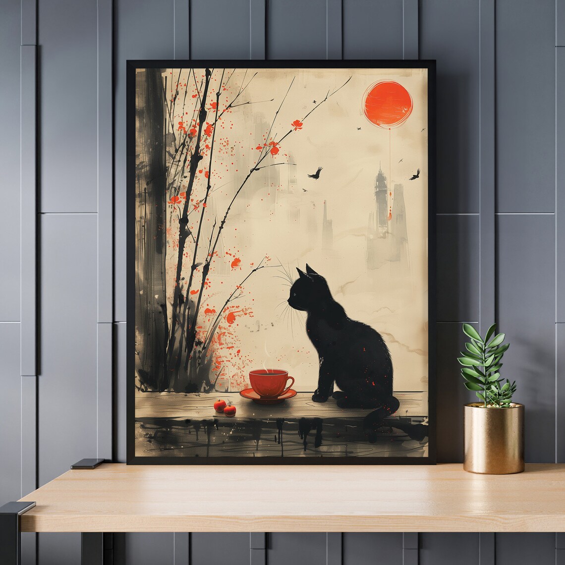 Black Cat Red Tea Cup Ink Wash Japanese Bamboo Sun Art Poster - Image 4