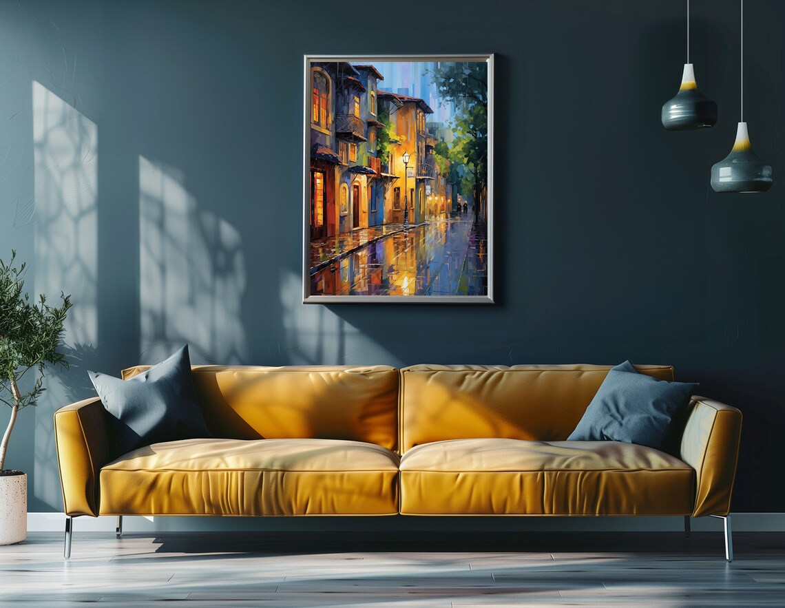 Rainy European Street Night Oil Painting Wet Cobblestone Art Poster - Image 4