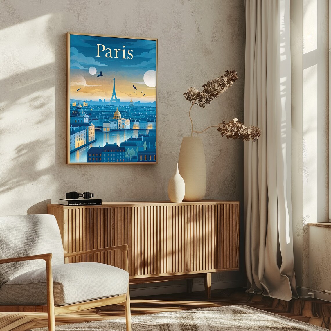 Paris France Eiffel Tower Night Seine Moonlit Vintage Travel Poster - Image 5