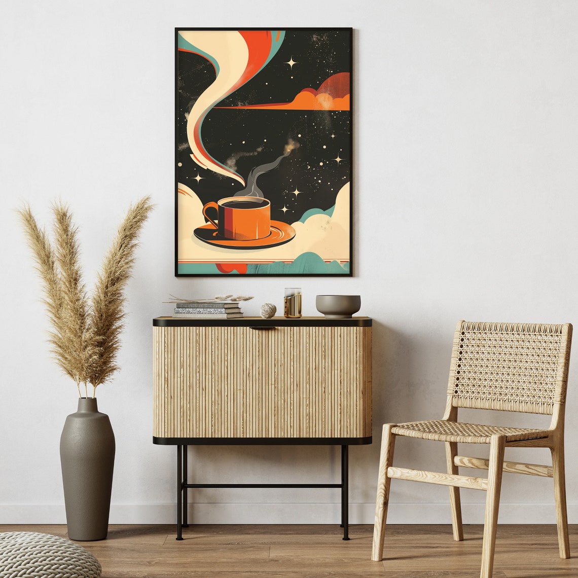 Retro Cosmic Coffee Cup Dream Under a Starry Night Sky Poster - Image 2