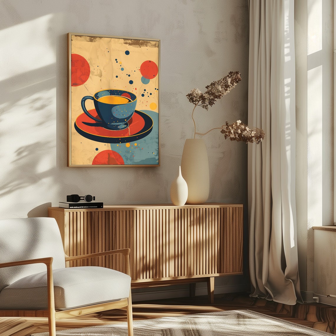 Abstract Navy Blue Coffee Cup on Red Saucer Bauhaus Style Poster - Image 5