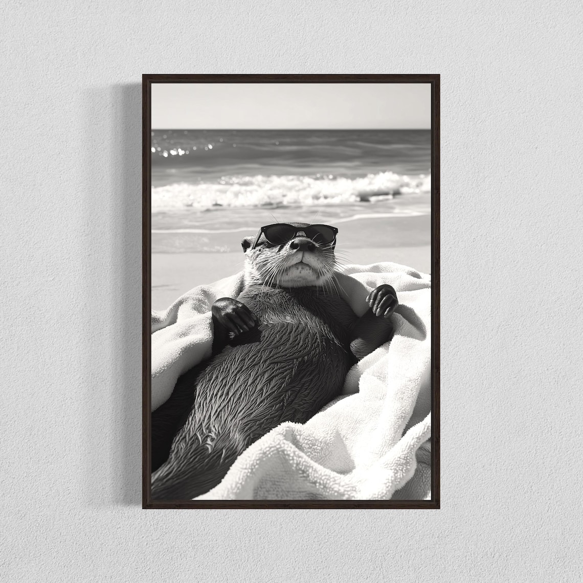 Otter Sunbathing With Sunglasses Black And White Beach Poster