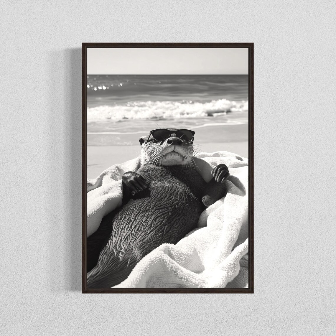 Sunbathing Otter Print Black And White Beach Animal Art