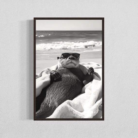 Whimsical Otter Beach Art Cute Sunbathing Animal Print Coastal Nursery Wall Decor For Kids
