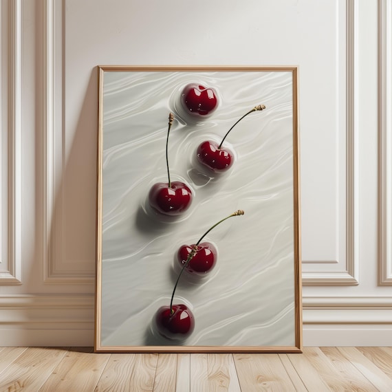 Glossy Red Cherries Floating in Milky Water Minimalist Photo Poster