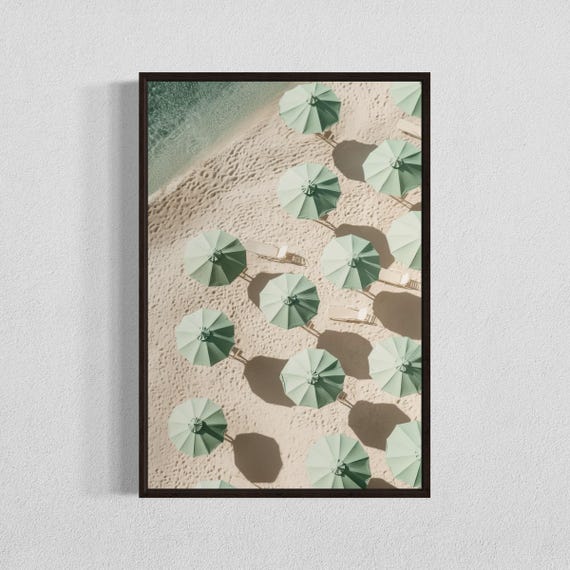 Modern Green Beach Umbrellas Coastal Art Print