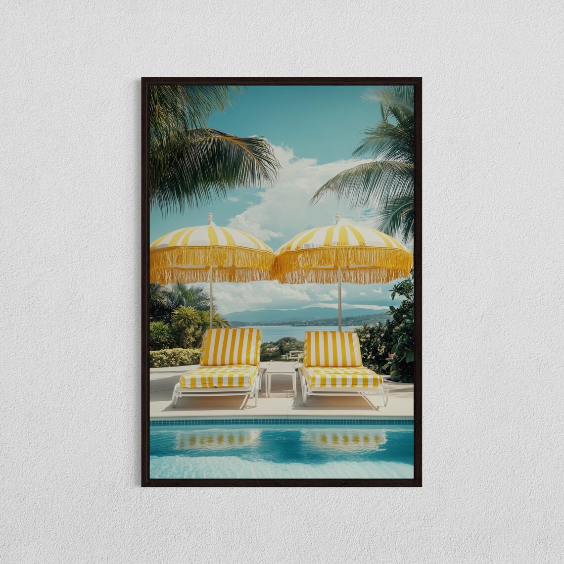 Yellow Striped Umbrella Poolside Poster, Summer Patio Art