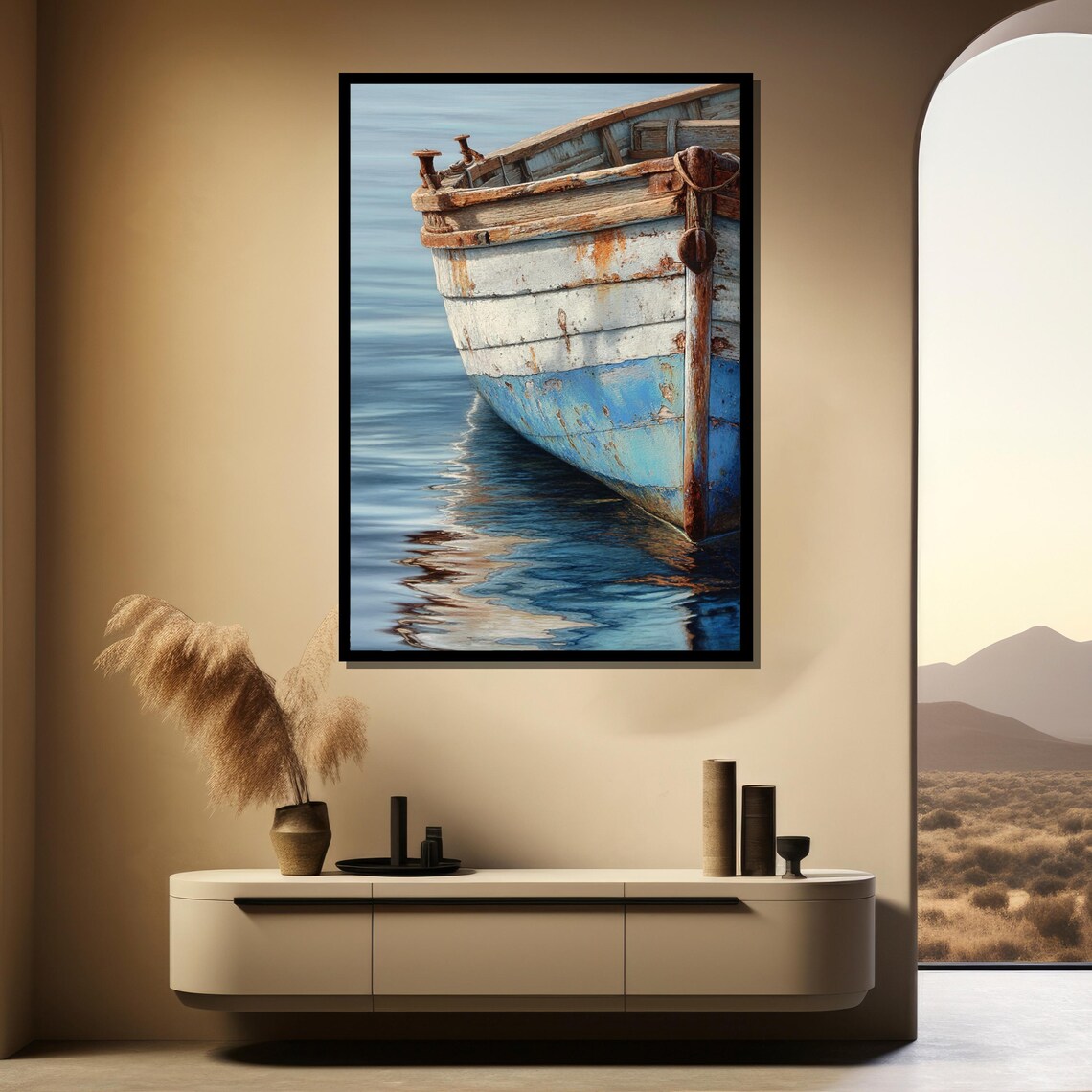 Weathered Blue Wooden Boat Hull Closeup Calm Water Reflection Nautical Poster - Image 3