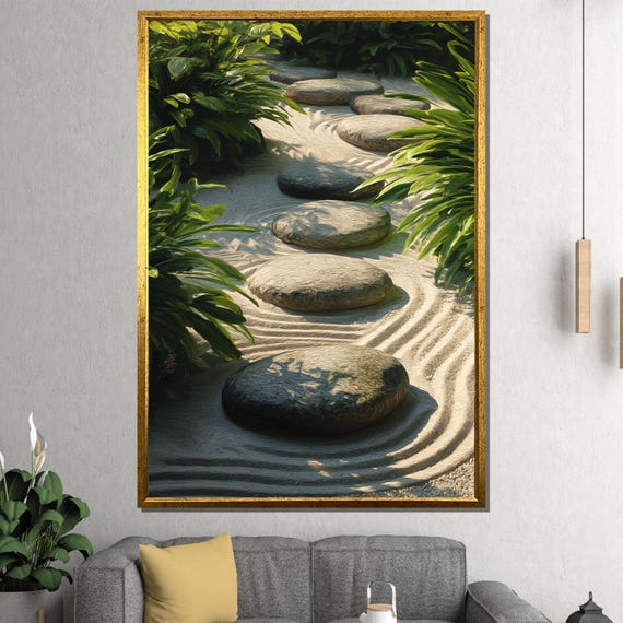Modern Zen Stone Path Canvas Painting Ready To Hang Gift Minimalist Boho Wall Decor Tranquil Living Room Art