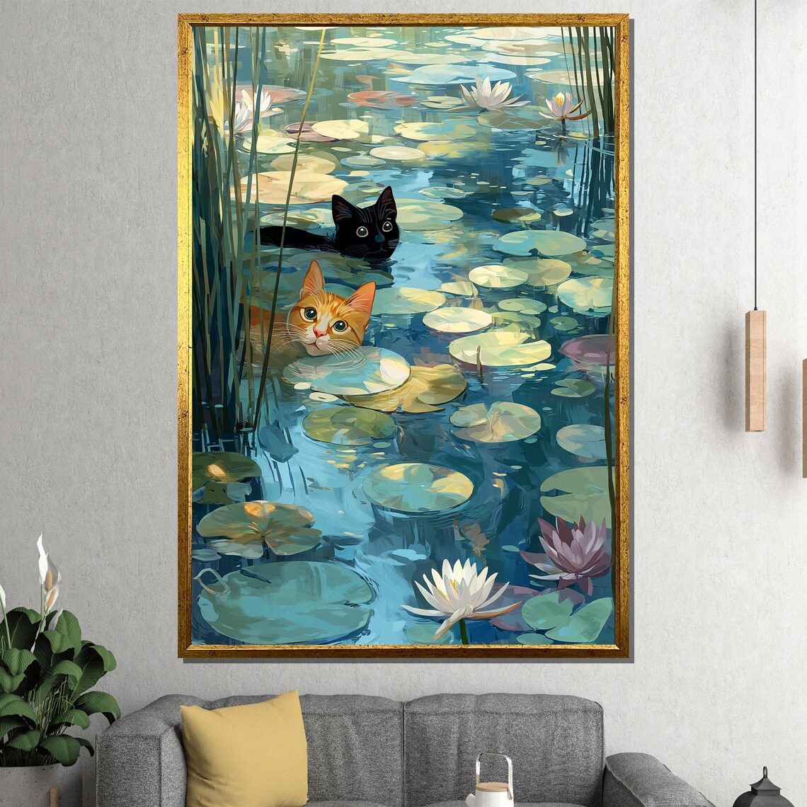 Two Cats Swimming Among Water Lilies Pond Flowers Whimsical Pet Painting Poster - Image 4