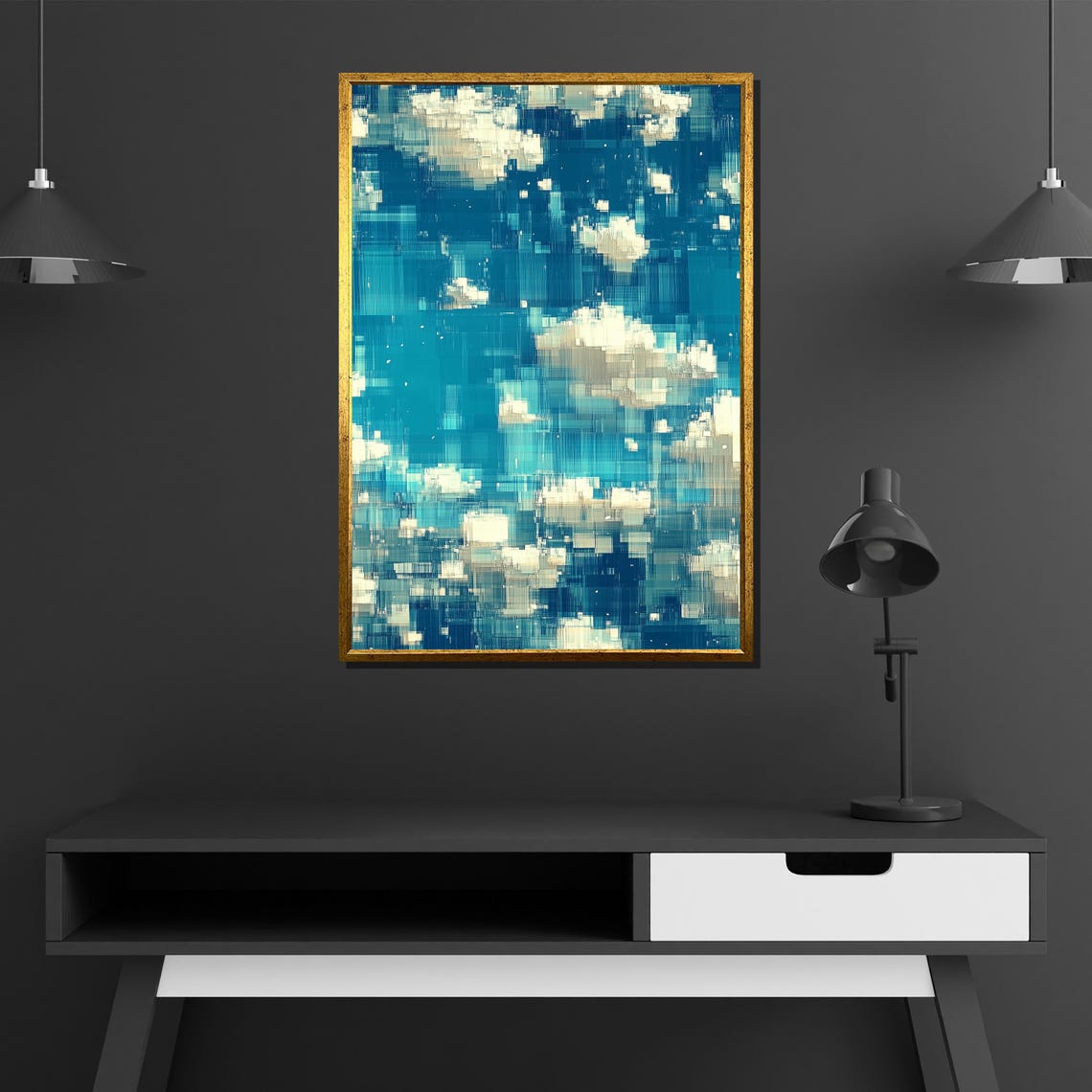 Pixelated Blue Sky Clouds Glitch Digital Abstract Modern Art Poster - Image 2