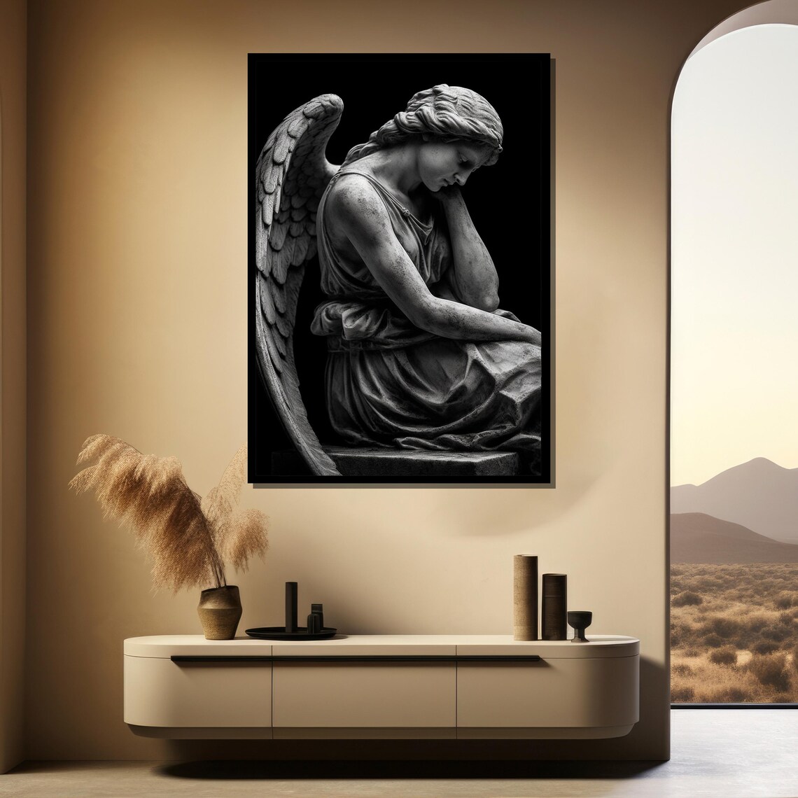Guardian Angel Statue Black White Vintage Cemetery Sculpture Poster - Image 3
