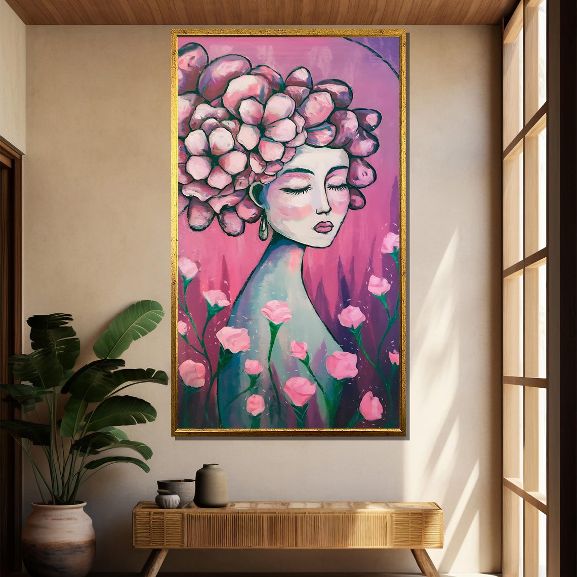 Dreamy Floral Woman Pink Peony Crown Abstract Feminine Portrait Poster - Image 4
