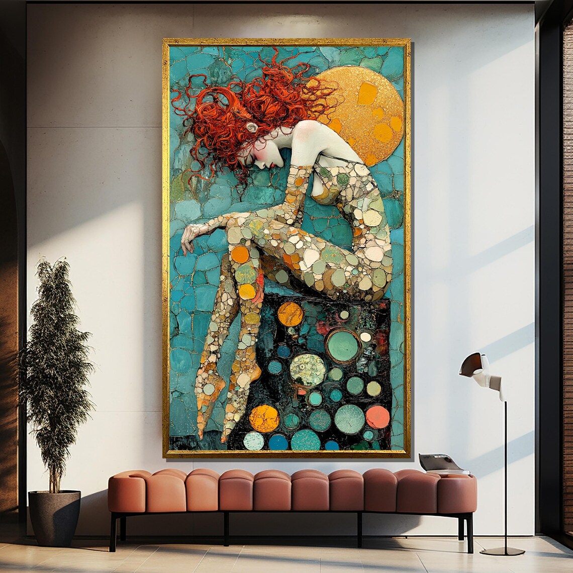 Mosaic Woman With Red Hair Abstract Female Figure Gold Sun Poster - Image 4